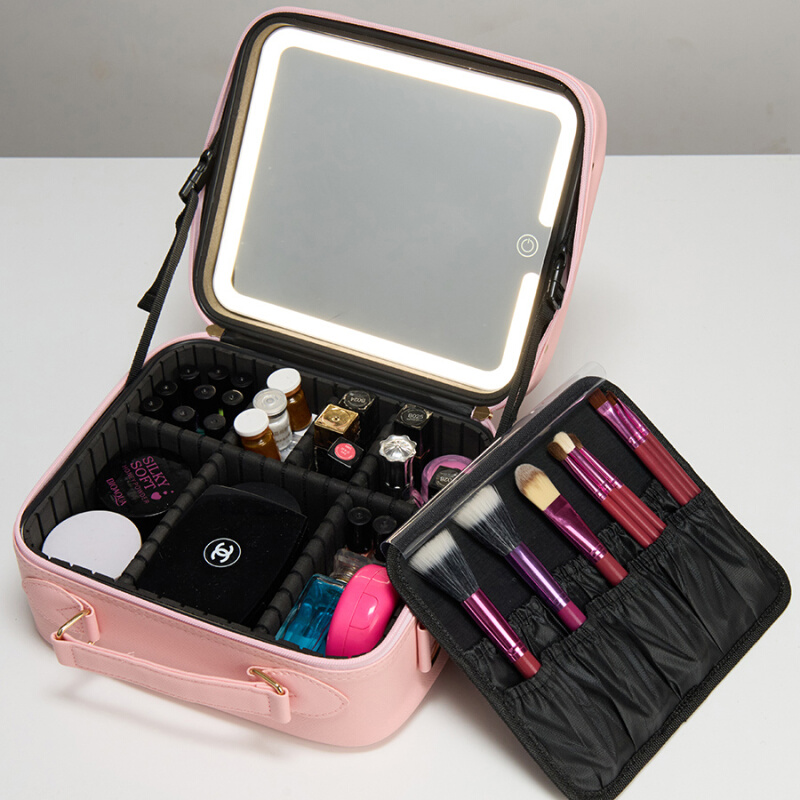 LED带灯带镜子化妆箱跟妆化妆包电池手提便携大容量盒收纳箱包INS