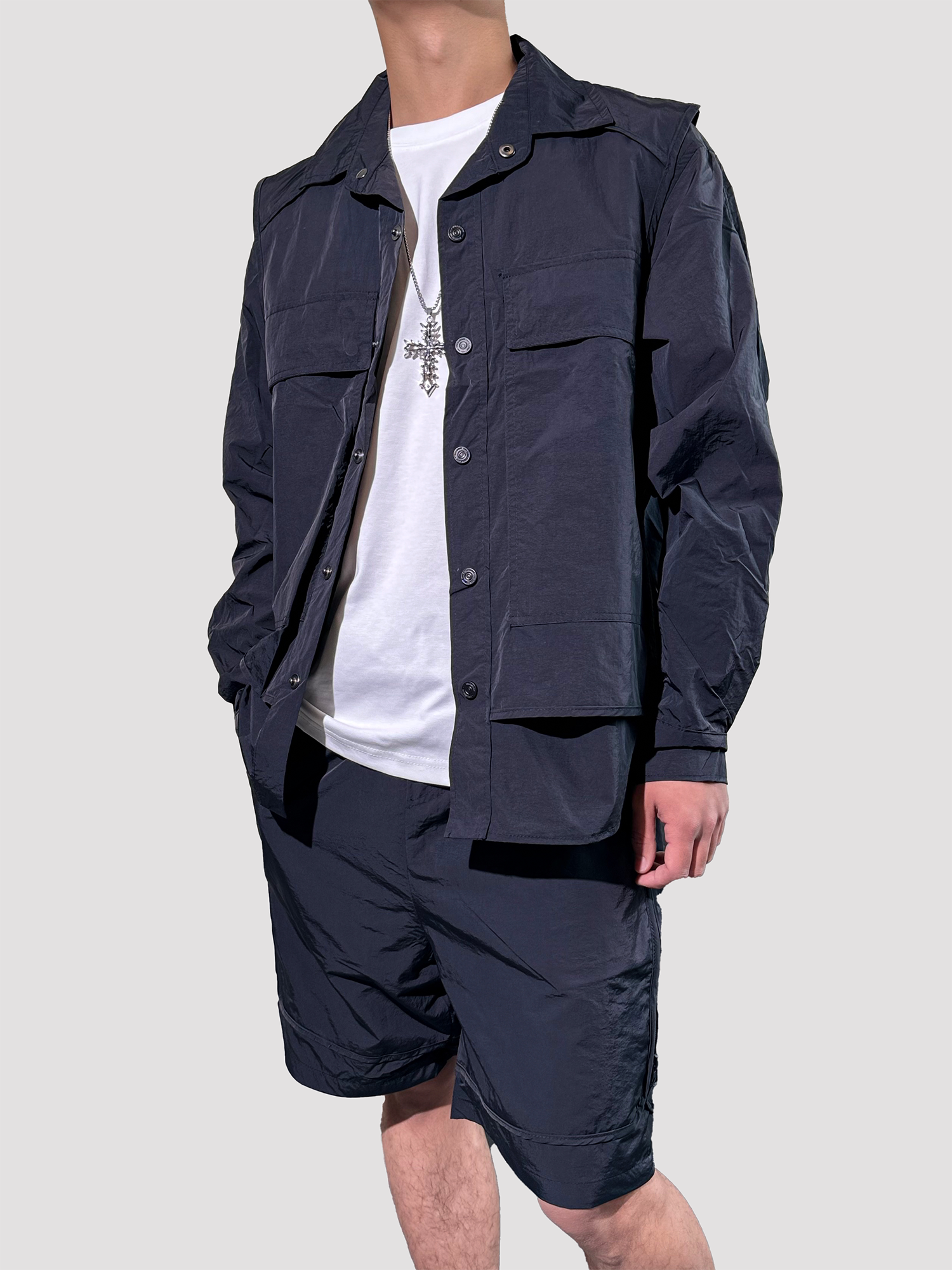 2024 봄 뉴 웨이브 컬러 스플 라이스 대형 포켓 작업복 옷깃 재킷 재킷 반바지 정장 남성용