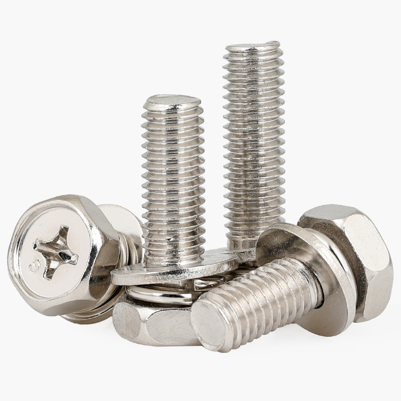 铁镀镍十字槽外六角三组合螺丝钉带平垫弹垫凹穴K组合螺栓M4M5M6M