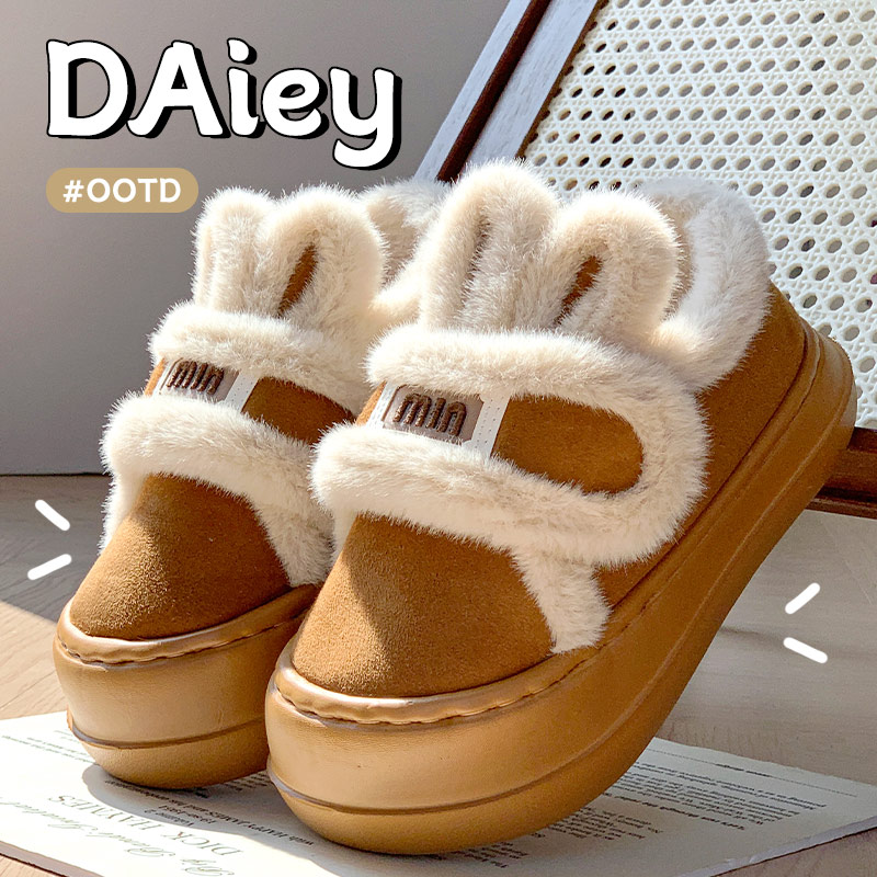 冬季新款毛绒兔子耳朵魔术贴女鞋包根外穿居家休闲拖鞋棉拖