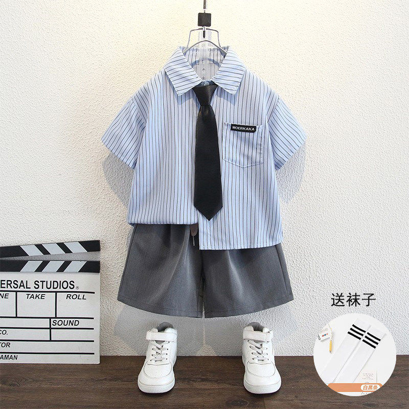 学院风男童套装短袖夏季儿童小西装领带三件套幼儿园毕业服演出服