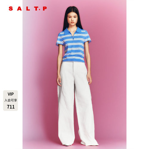 SALT.P可颜2026秋季新款蓝白条纹polo领短袖针织衫女AC36306100