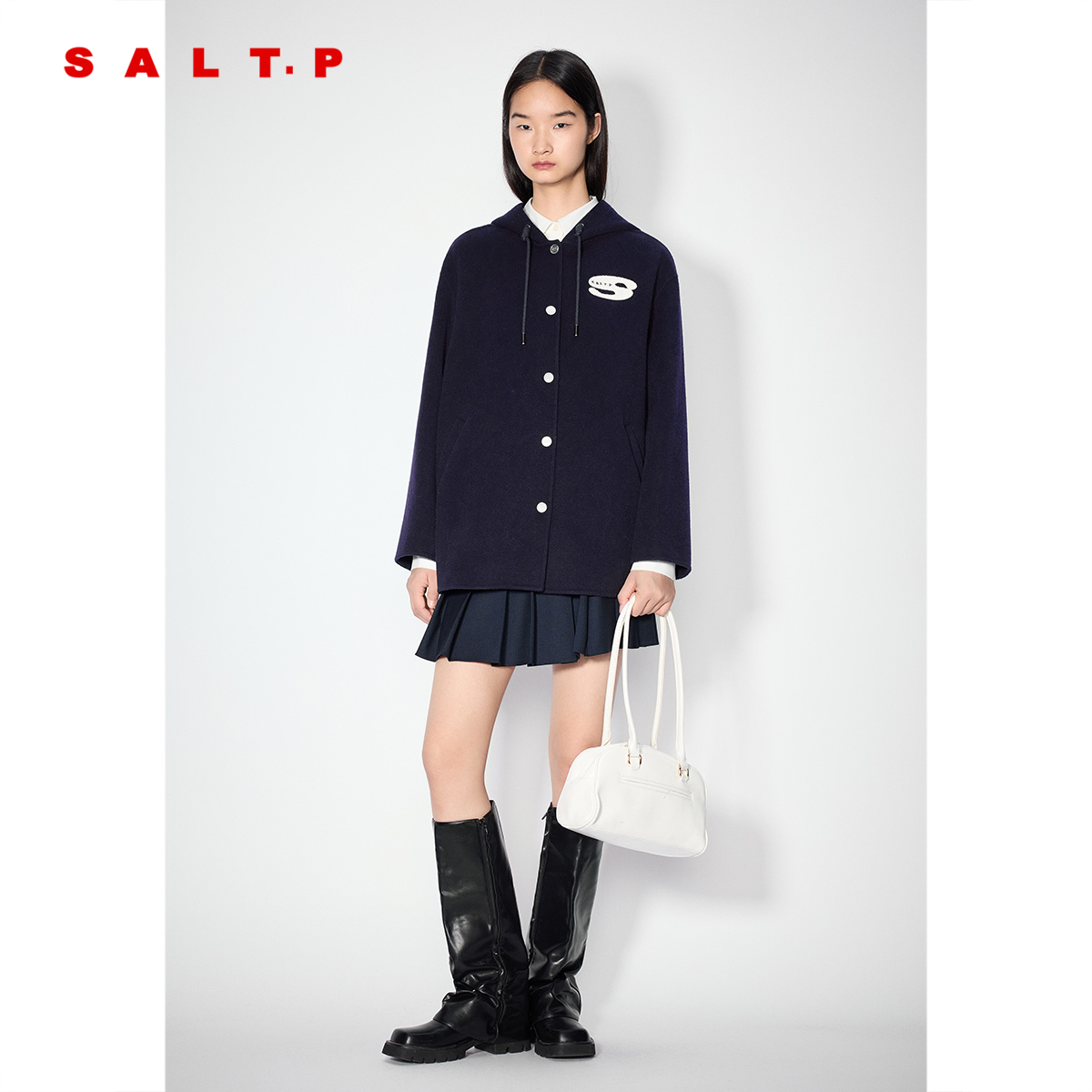 SALT.P可颜学院风羊毛连帽毛呢外套女宽松2025冬新款AC35380260