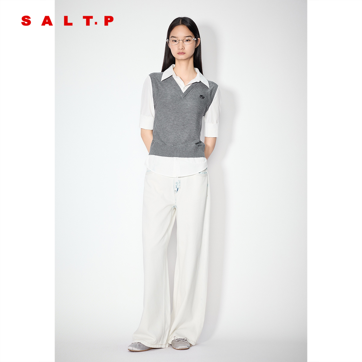 SALT.P可颜2025夏季新款学院风假两件衬衫领真丝羊毛短袖针织衫女