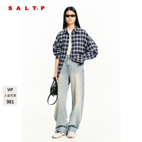 SALT.P可颜深蓝烫钻格子长袖衬衫女宽松2026春季新款AC36130070