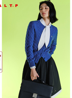 SALT.P可颜蓝色羊毛MIU系绞花针织开衫外套女短款AC35106210