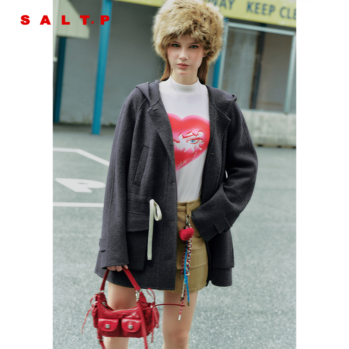 SALT.P可颜100羊毛抽绳连帽大衣外套女2025冬新款AC35580040