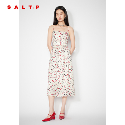 SALT.P可颜2025夏季新品樱桃印花缎面感法式吊带连衣裙长款