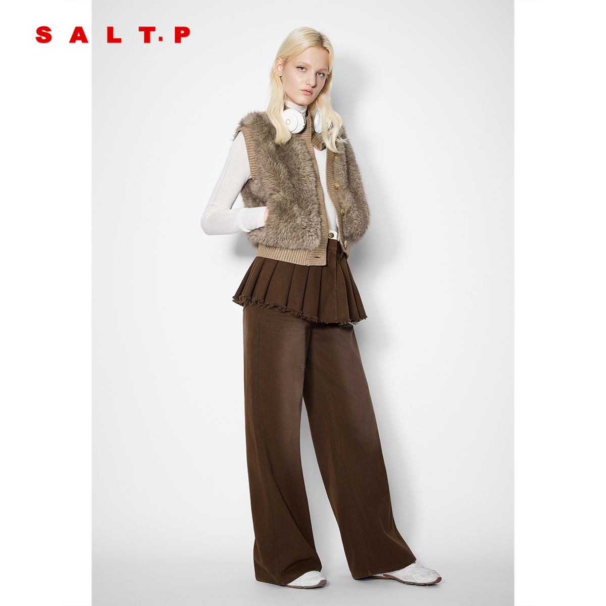 SALT.P可颜环保仿水貂毛皮草马甲女拼接羊毛2025冬新款AC35501010