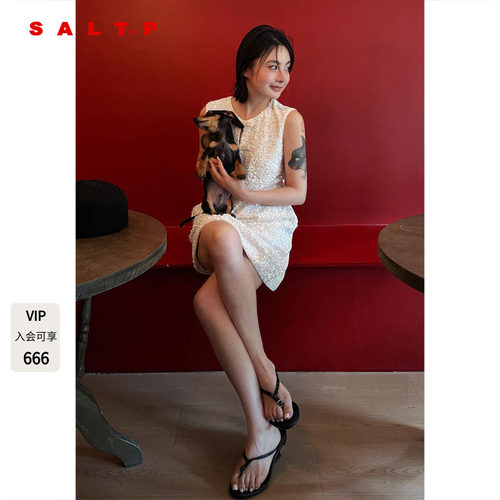SALT.P可颜白色蝴蝶结珠片无袖连衣裙女夏短款小礼服AC35305210