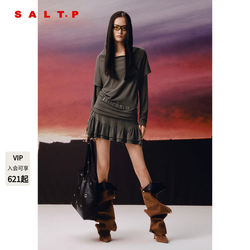 SALT.P可颜2026秋季新款连帽抽绳假两件叠穿上衣/荷叶边褶皱短裙