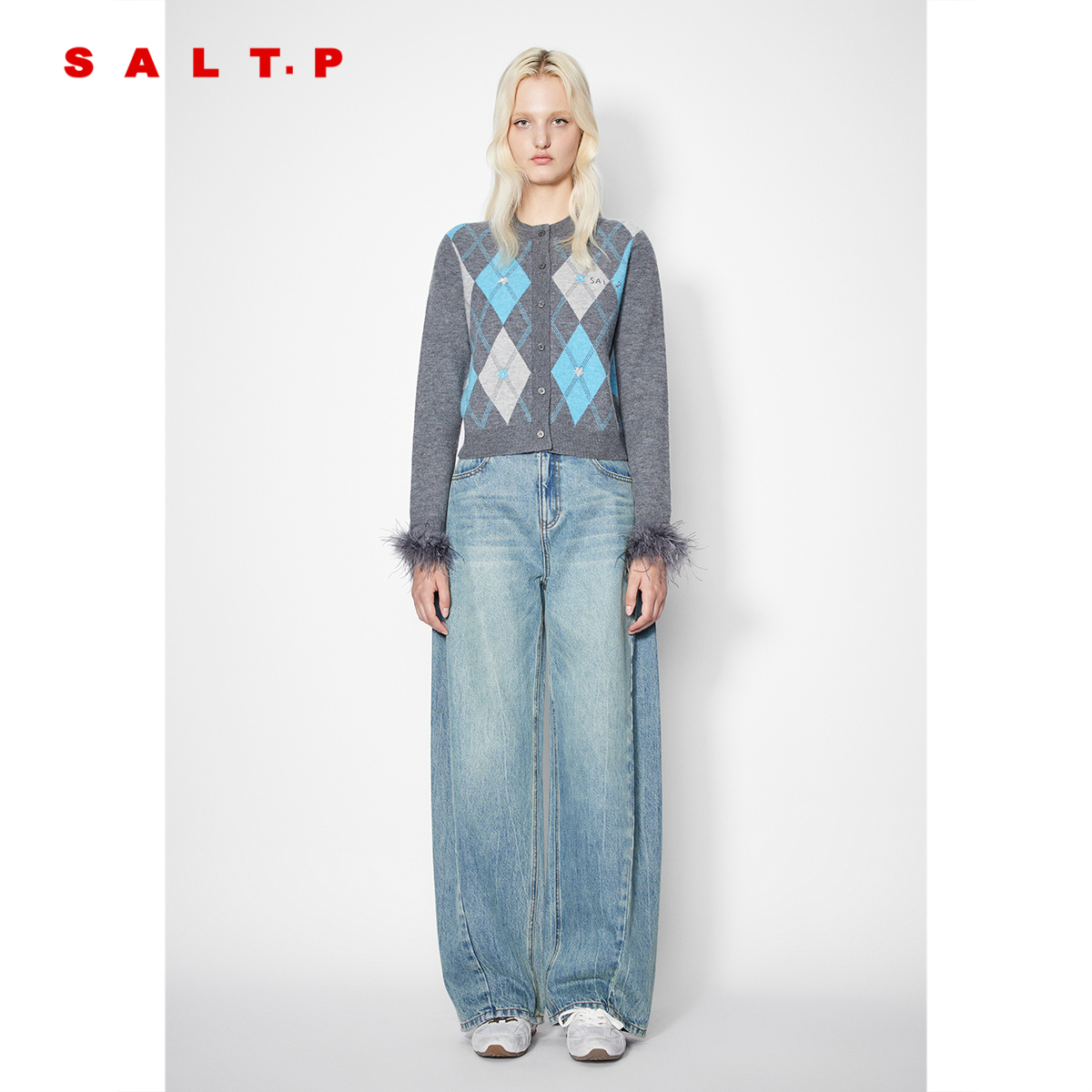 SALT.P可颜复古菱格可拆羽毛针织开衫女短款2025冬新品AC35506260