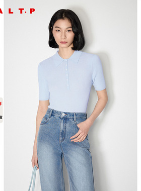 SALT.P可颜2025夏季新款浅蓝色醋酸天丝polo短袖针织衫上衣女薄款