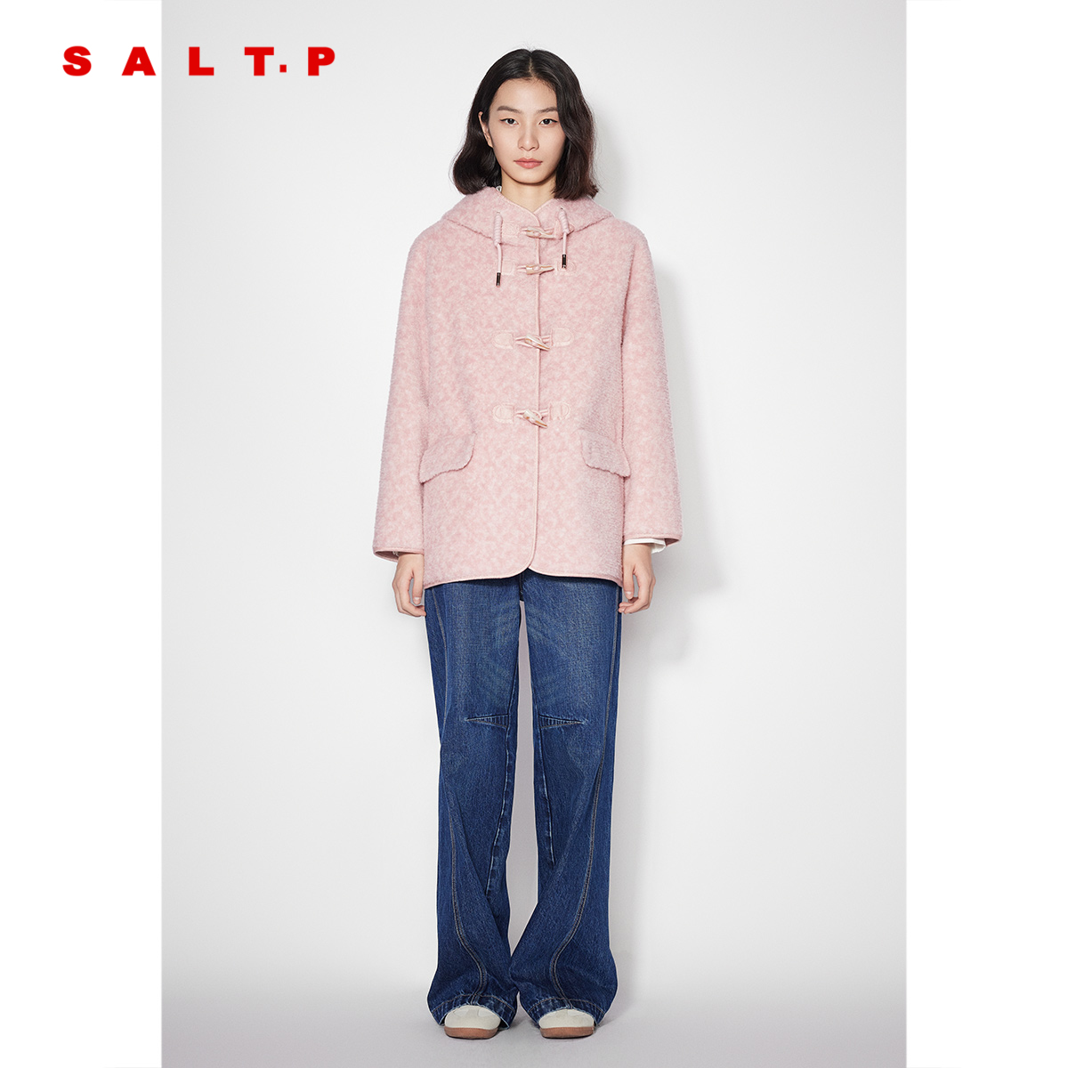 SALT.P可颜羊毛颗粒绒牛角扣连帽大衣外套女中款AC35110110