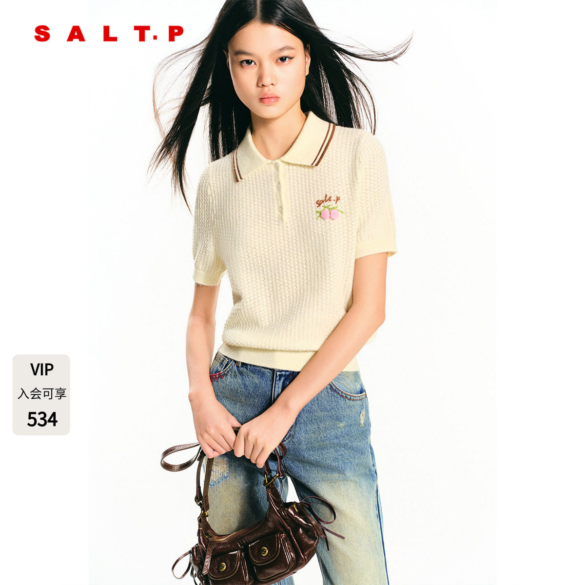 SALT.P可颜米色翻领法式樱桃钩织针织短袖女2026春新款AC36106260图片
