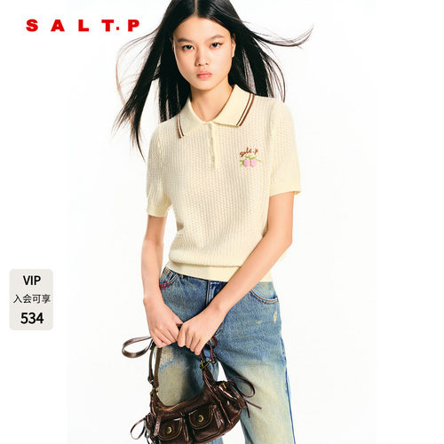 SALT.P可颜米色翻领法式樱桃钩织针织短袖女2026春新款AC36106260