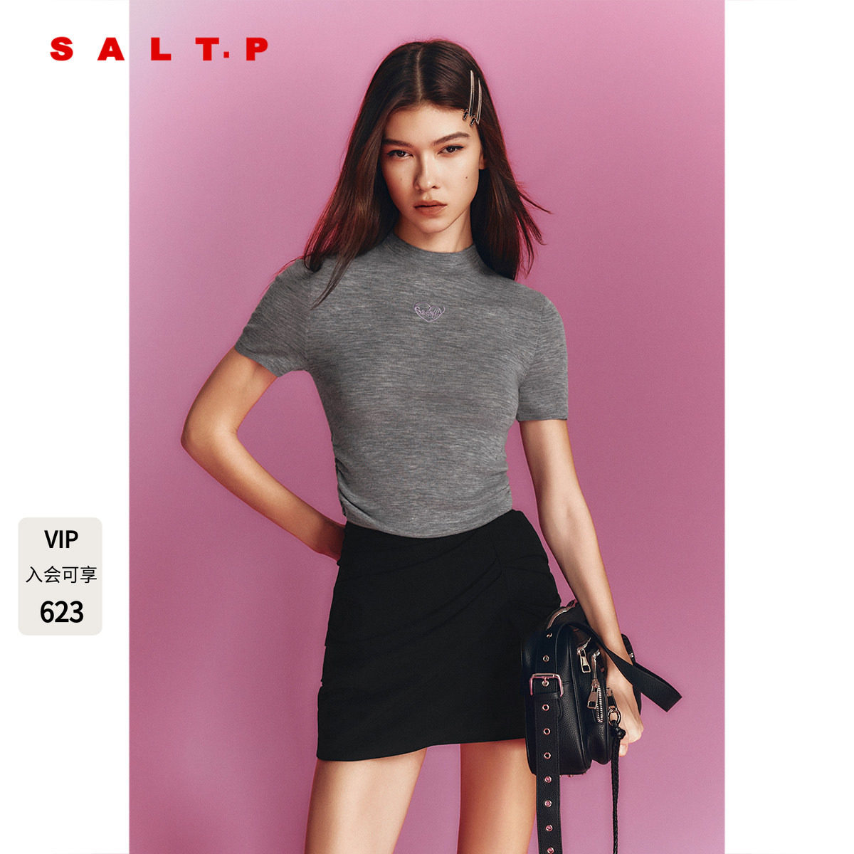 SALT.P可颜灰色半高领短袖针织上衣女2026夏季新款AC36206100图片