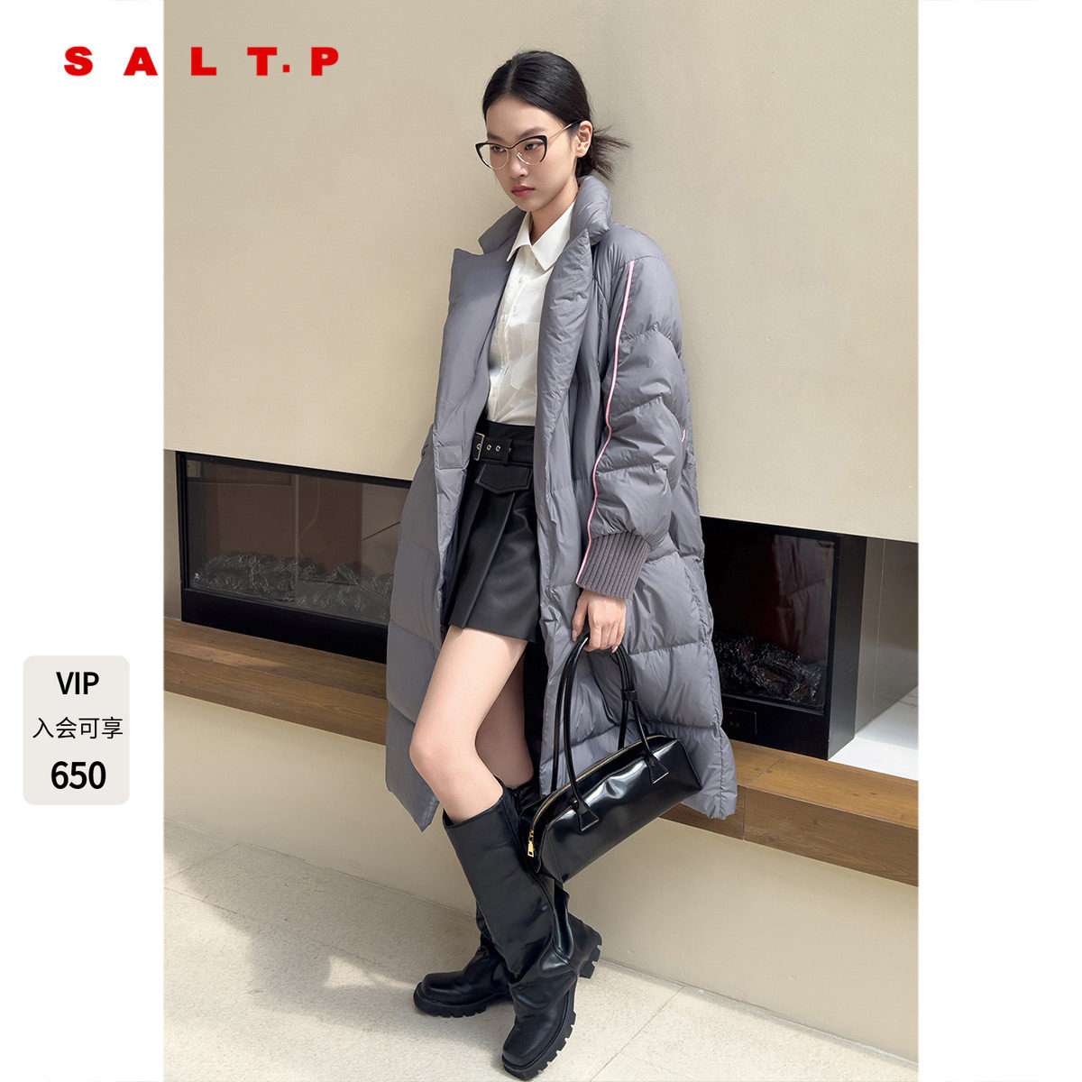 SALT.P可颜2024年冬季新款设计感西装领鸭绒羽绒服女长款