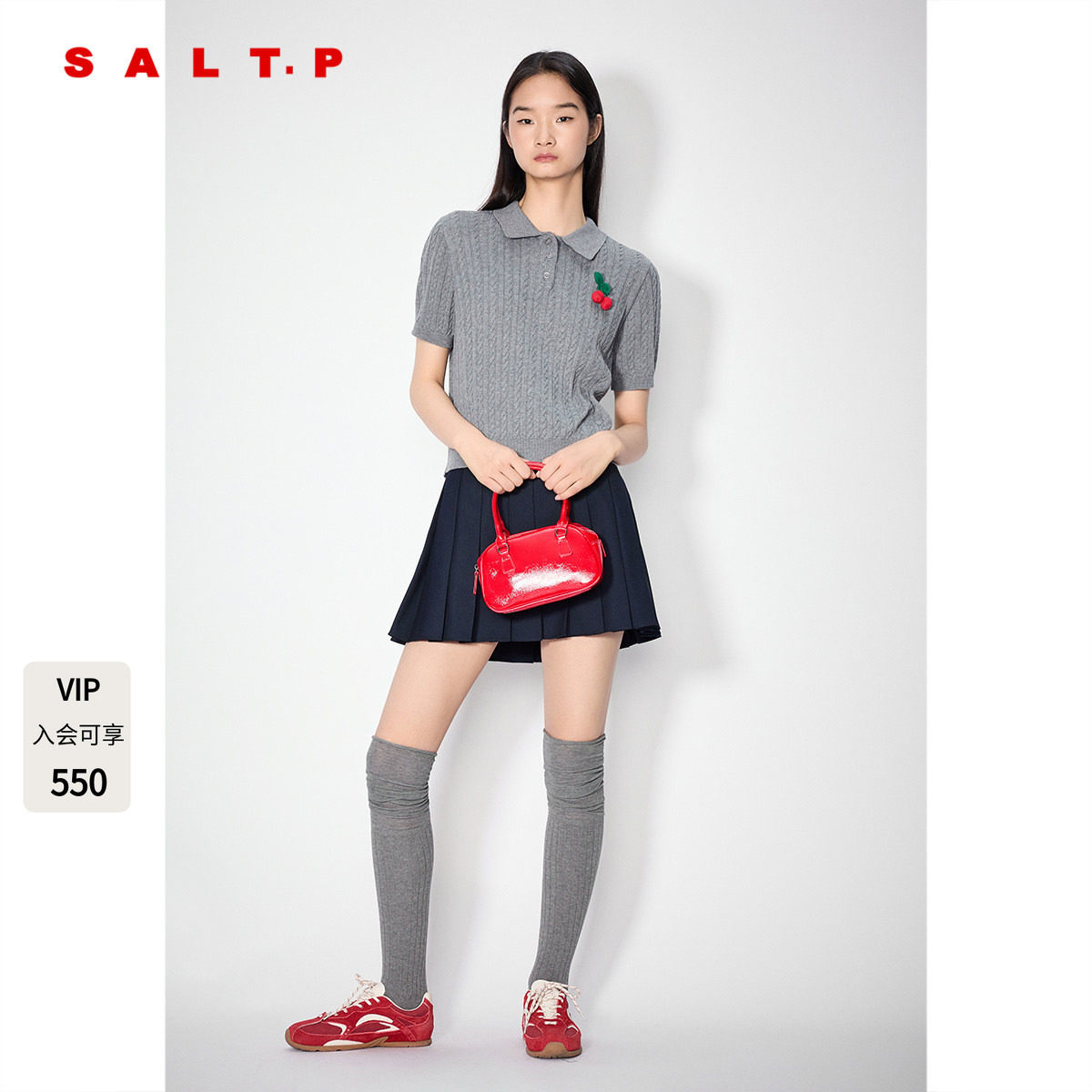 SALT.P可颜灰色polo翻领短袖针织miu系学院风樱桃钩花AC35306270图片