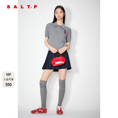 SALT.P可颜灰色polo翻领短袖针织miu系学院风樱桃钩花AC35306270