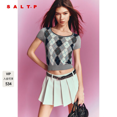 SALT.P可颜灰色菱格短袖针织衫女莱赛尔真丝2026夏新款AC36206090