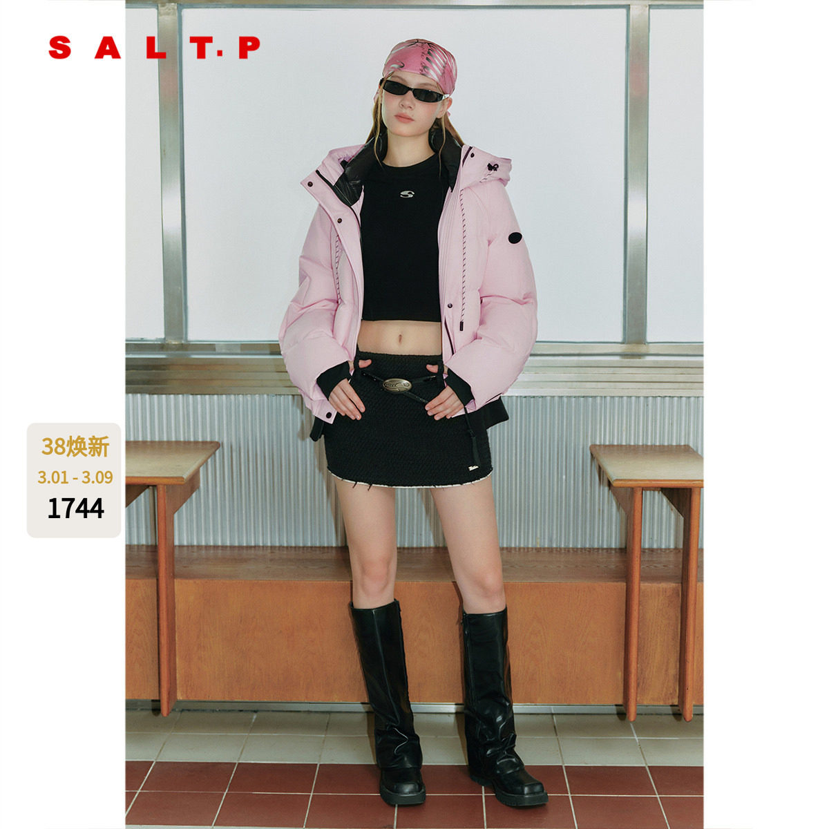 SALT.P可颜粉色立领连帽羽绒服女短款鸭绒2025冬新款AC35508040