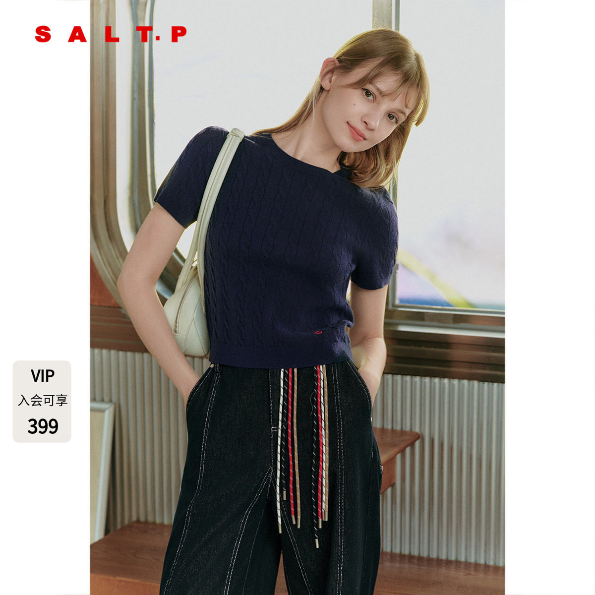 SALT.P可颜MIU系绞花圆领短袖针织上衣女短2025秋新款AC35306300图片