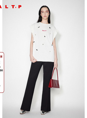 SALT.P可颜2024年秋季新款纯棉白色圆领闪钻木耳边针织衫T恤女