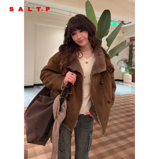 SALT.P可颜100羊毛颗粒绒仿麂皮毛一体外套女短款 立领2025冬新品