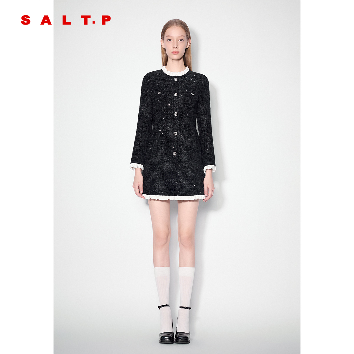 SALT.P可颜2024年冬季新款千金风花边亮片花纱小香风连衣裙短款