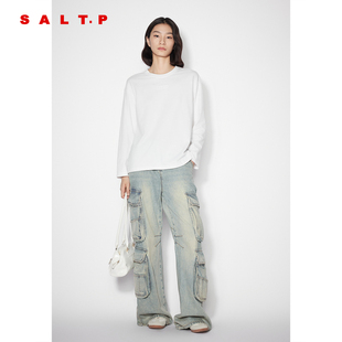 SALT.P可颜2025年春季 上衣 新款 百搭白色纯棉落肩宽松T恤女长袖