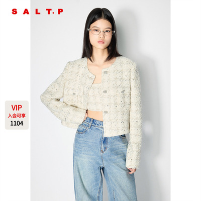 SALT.P可颜奶油白小香风短外套女圆领花纱千金感夹克AC35510290