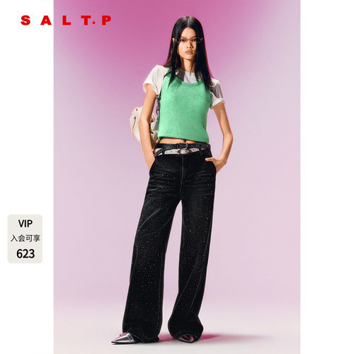 SALT.P可颜深灰烫钻牛仔裤女棉质直筒长裤2026春新款AC36120160