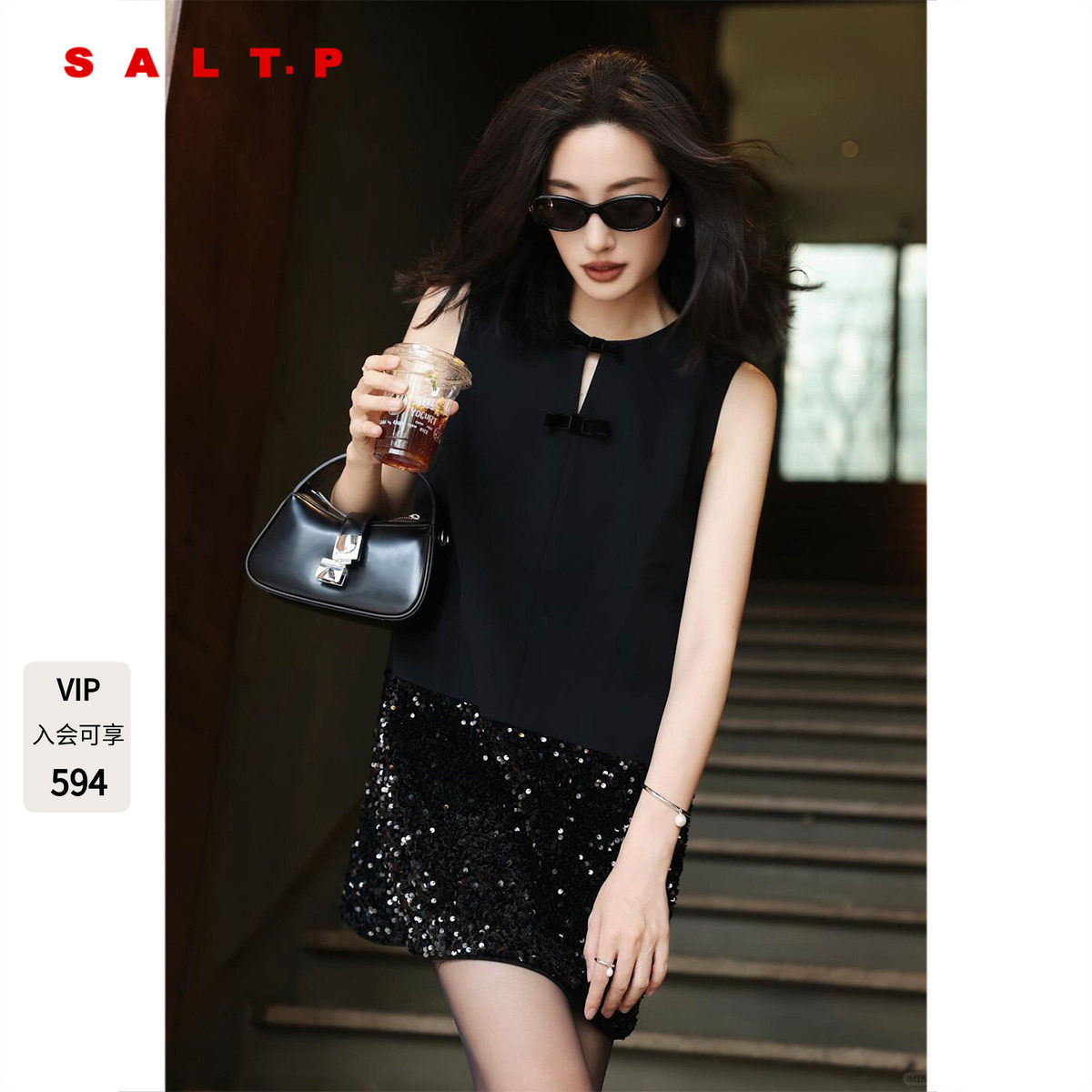 SALT.P可颜千金风黑色亮片无袖连衣裙短款醋纤混纺AC35205580图片