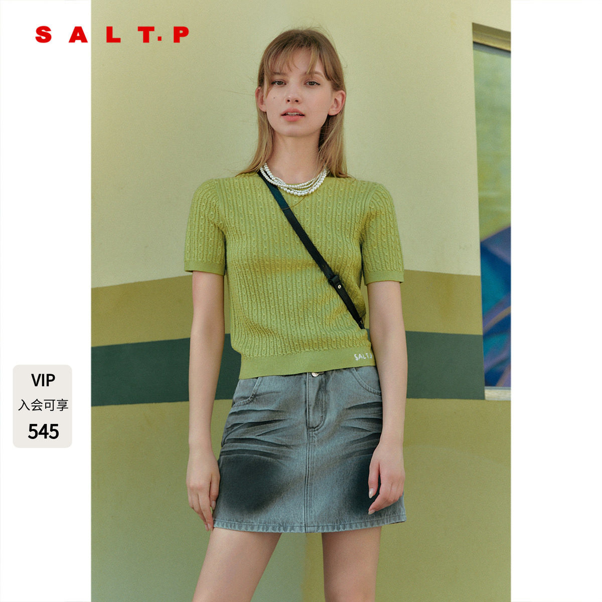 SALT.P可颜牛油果绿圆领绞花短袖针织上衣女薄款AC35306260图片