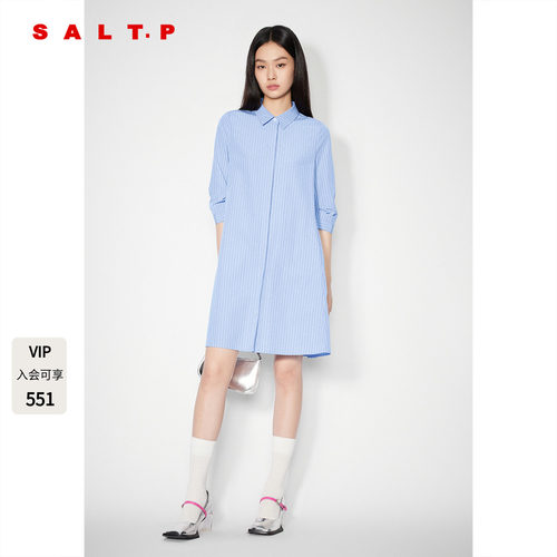 SALT.P可颜蓝色条纹烫钻衬衫式连衣裙宽松中袖设计AC35205070