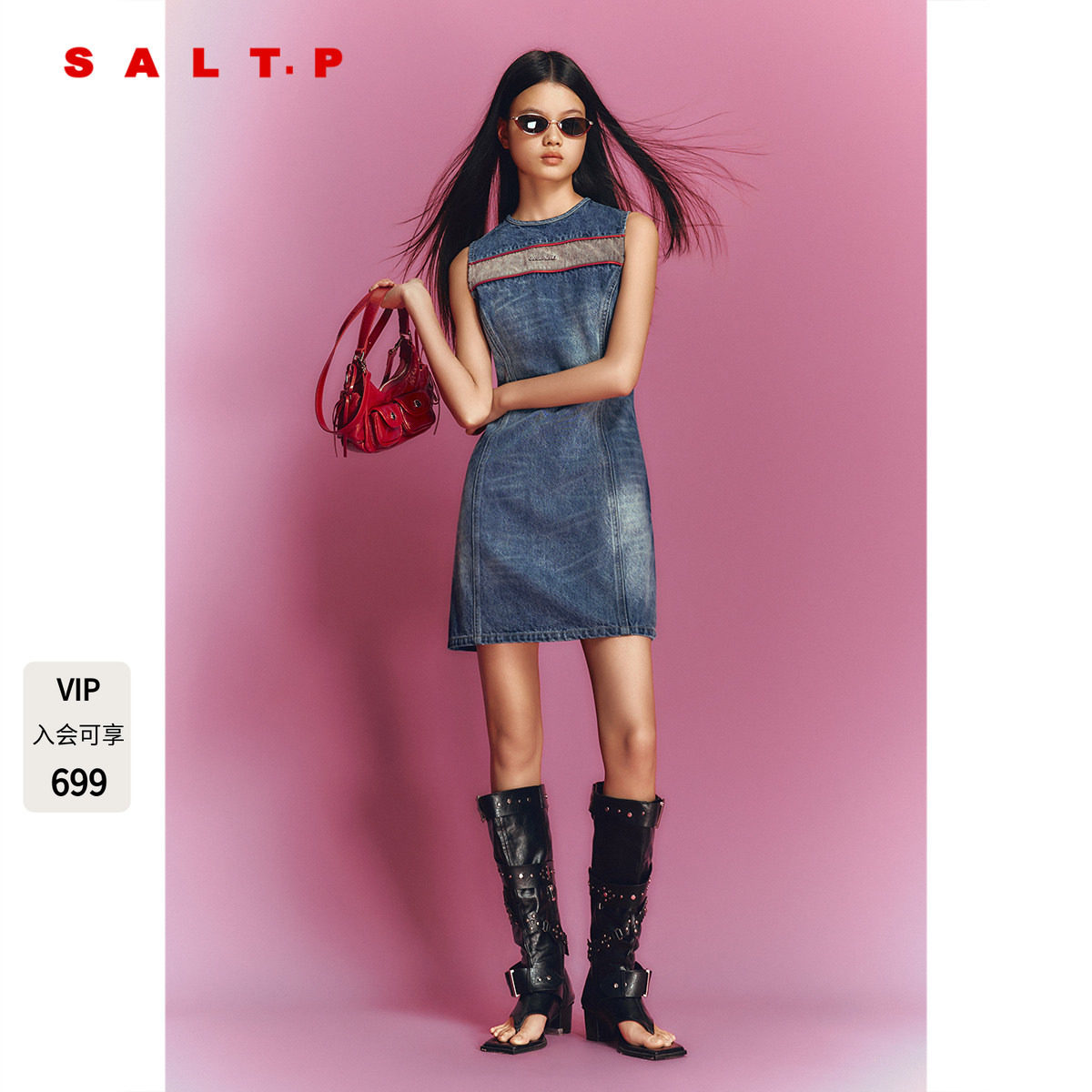 SALT.P可颜复古拼接无袖牛仔连衣裙短款2026夏季新品AC36205120图片