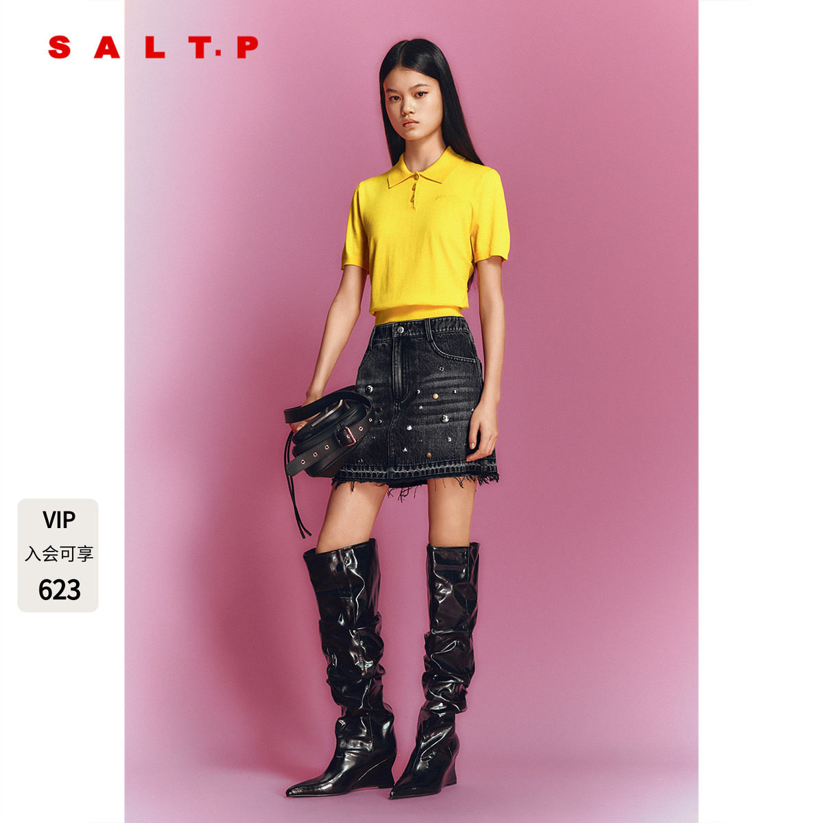 SALT.P可颜柠檬黄polo领针织短袖女夏季薄款2026新款AC36206130图片