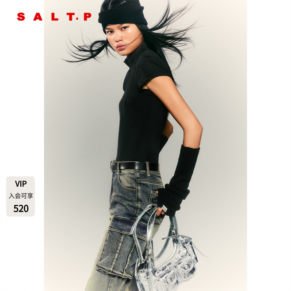 SALT.P可颜2025秋季新款辣妹风修身半高领短袖针织衫女AC35370010图片
