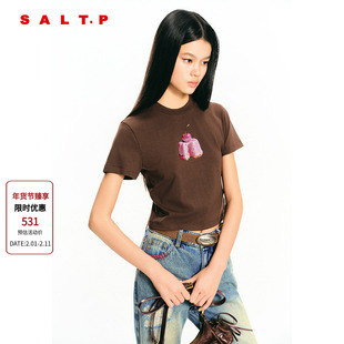 SALT.P可颜深咖蛋糕印花短袖T恤女修身短款2026春新品AC36160140