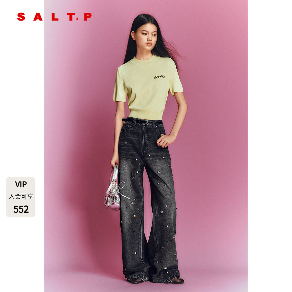 SALT.P可颜浅芽绿薄款短袖针织小高领短款2026夏新品AC36206060图片