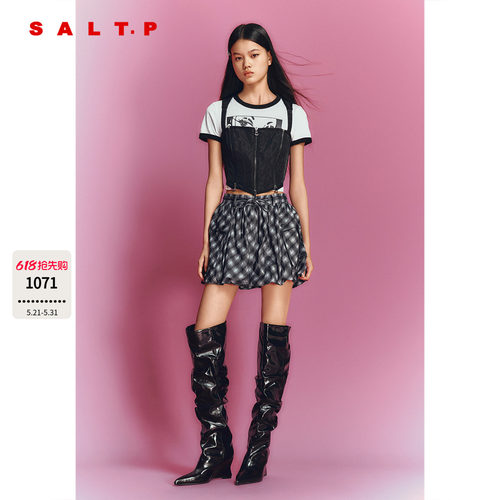 SALT.P可颜复古格纹花苞裙a字半身裙短款2026夏季新款AC36250060