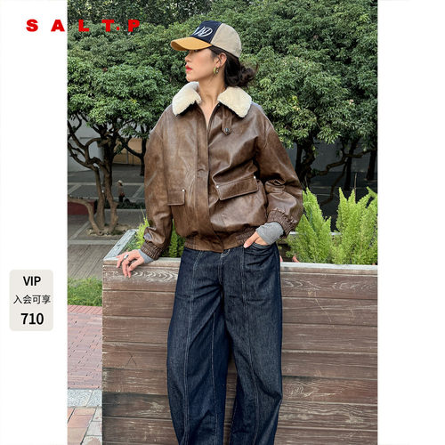 SALT.P可颜可拆毛领pu皮衣棉服外套夹克女2025秋冬新款AC35310310