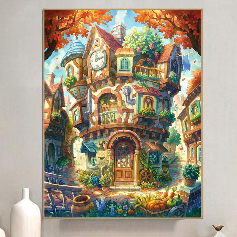 秋日田园风景钻石画2024新款卡通小屋贴钻十字绣客厅卧室餐厅满钻