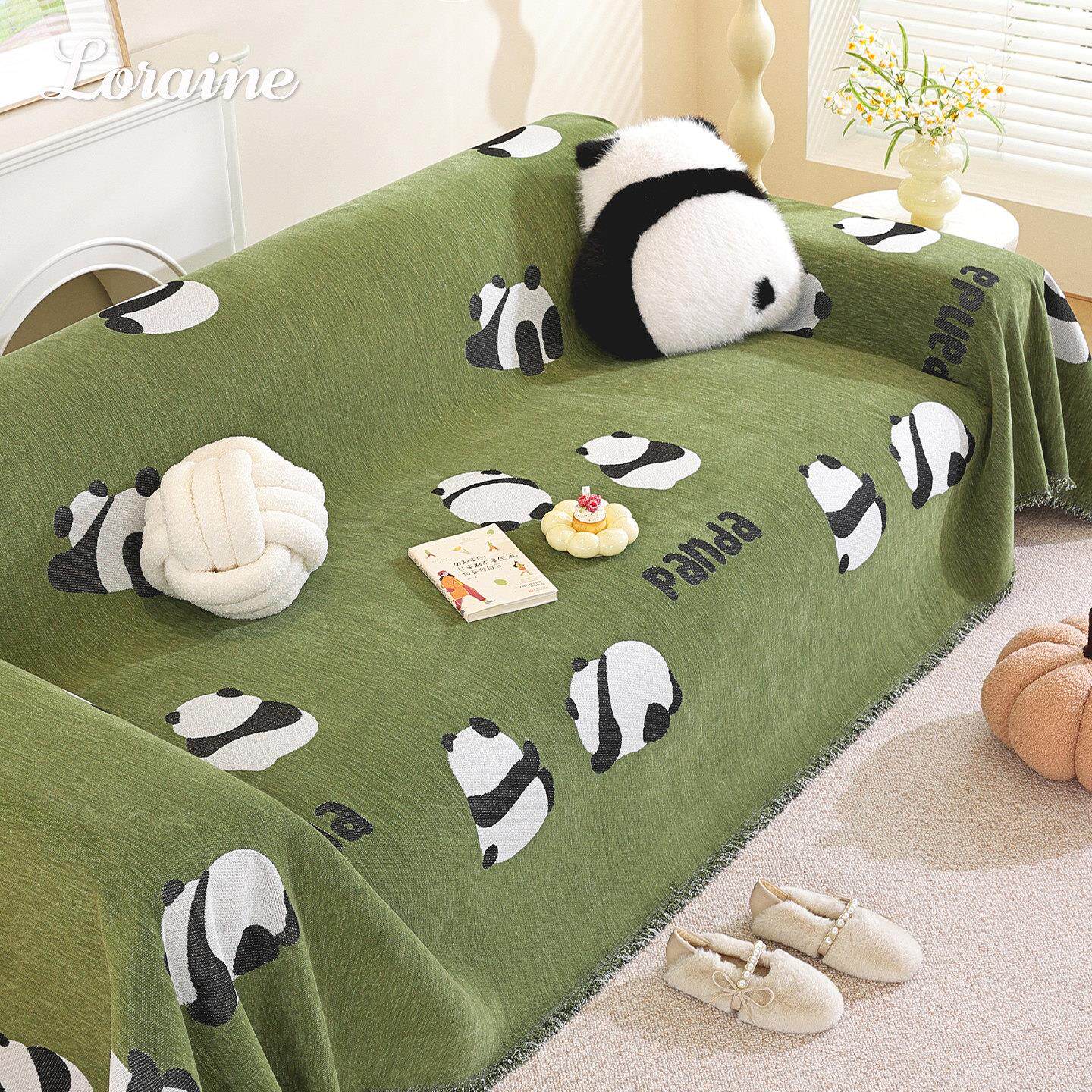 卡通雪尼尔沙发盖布可爱熊猫沙发垫防尘防滑一片式全铺沙发巾套罩