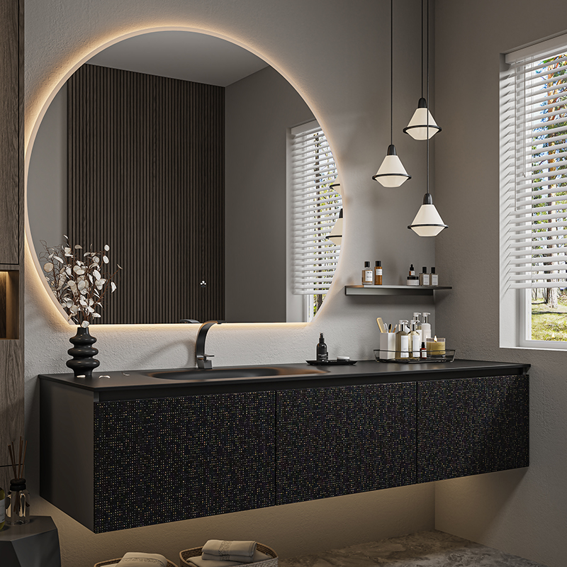 洗脸盆洗手黑色岩板洗漱浴室柜台组合轻奢一体卫生间定制热弯盆盆