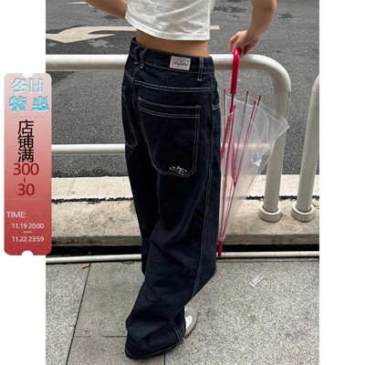 川川也美式复古刺绣宽松百搭直筒牛仔裤男女街头阔腿潮牌裤子显瘦