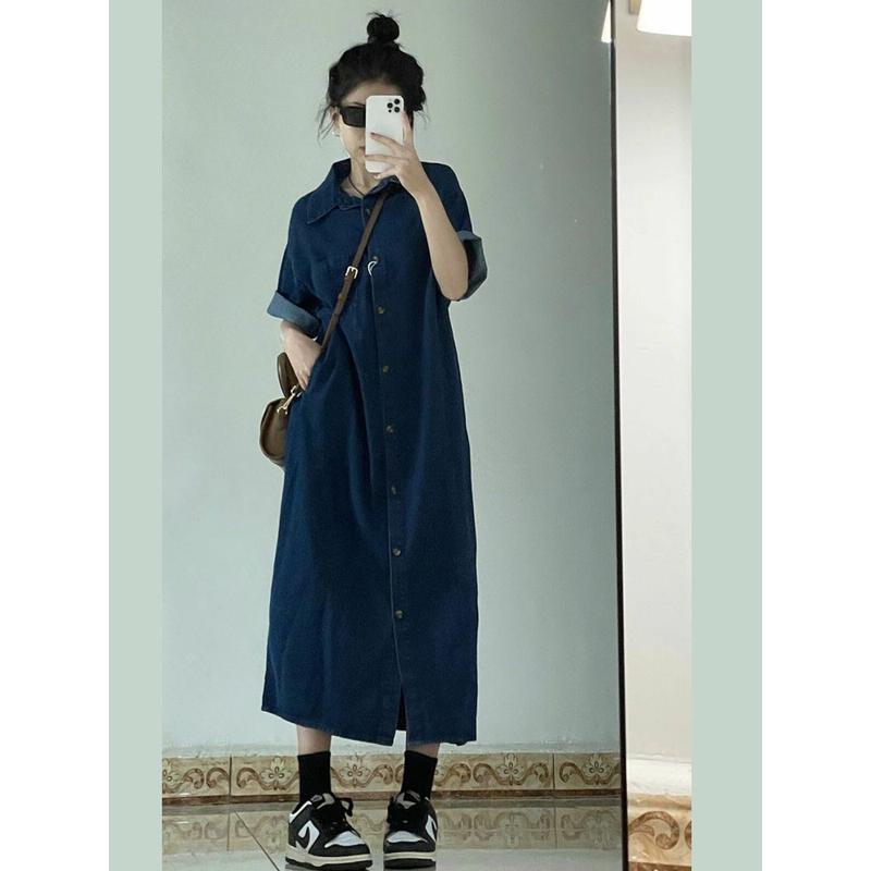 轻奢高货茶歇法式牛仔连衣裙女夏季高级感设计感小众衬衫裙过膝及