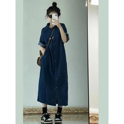 轻奢高货茶歇法式牛仔连衣裙女夏季高级感设计感小众衬衫裙过膝及