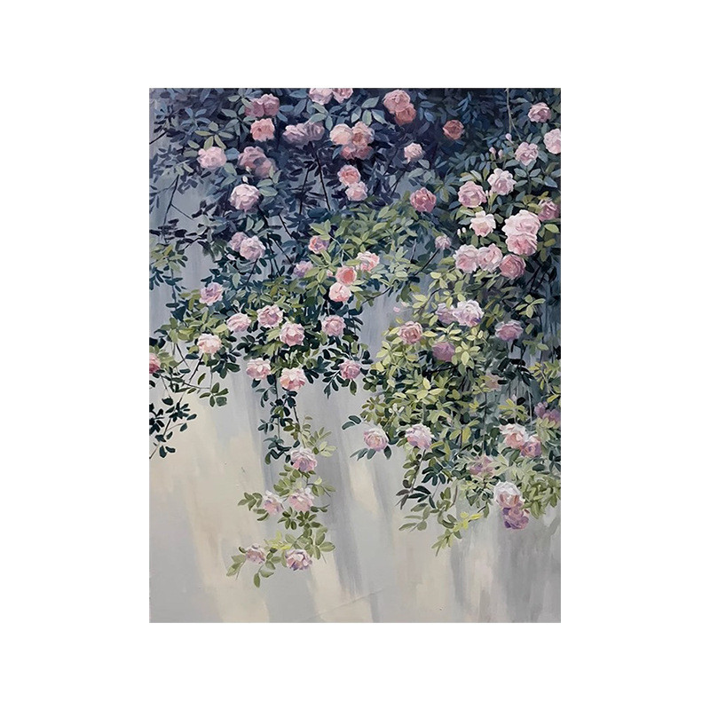 画包邮原木风粉色蔷薇花纯手绘画绿植花卉客厅装饰画玄关肌理一件